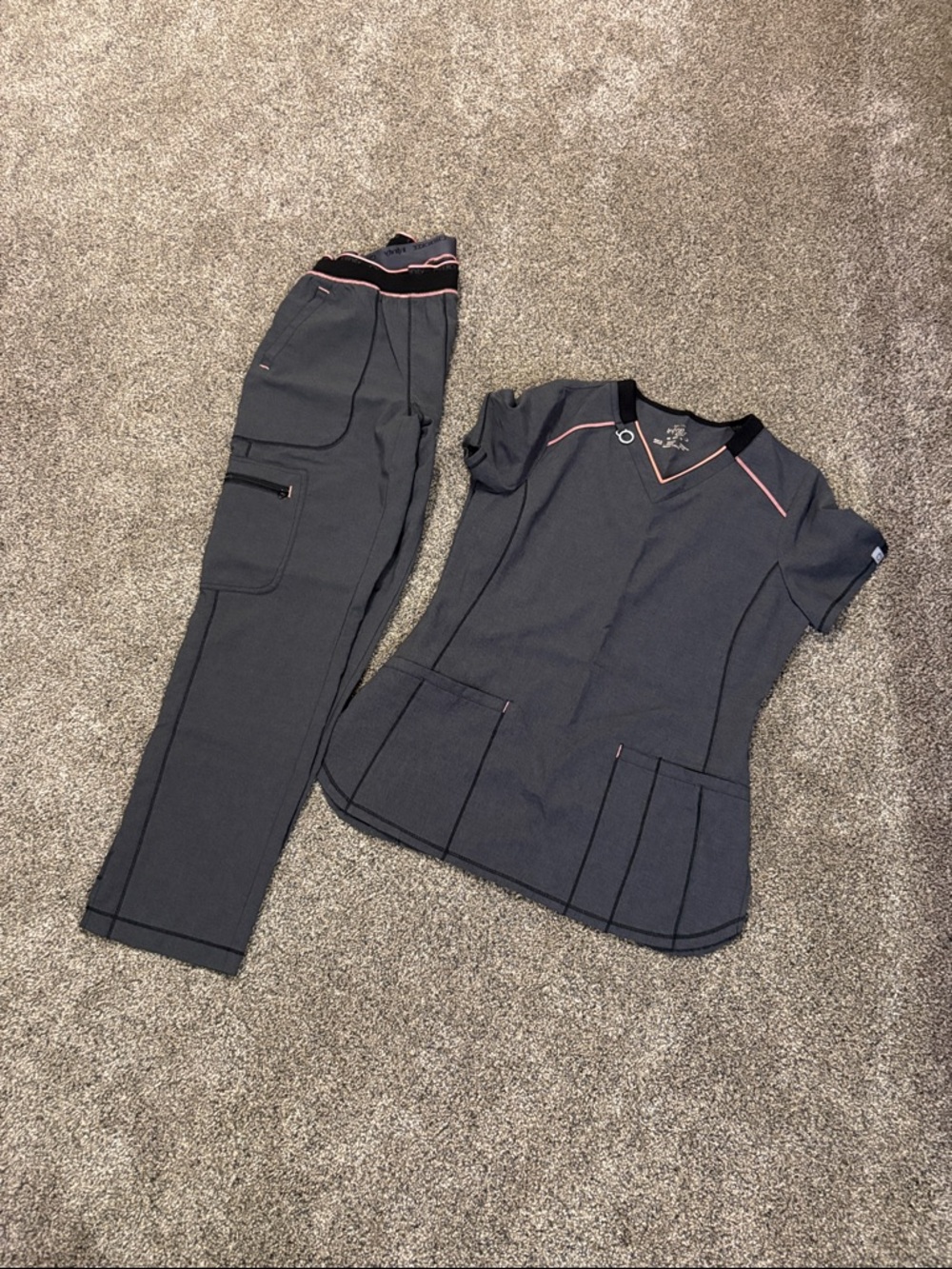 Cherokee Infinity Grey Women's Scrub Set with Pink Trim -